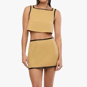 WeWoreWhat Leather Trim Linen Skirt Set Warm Taupe/Black